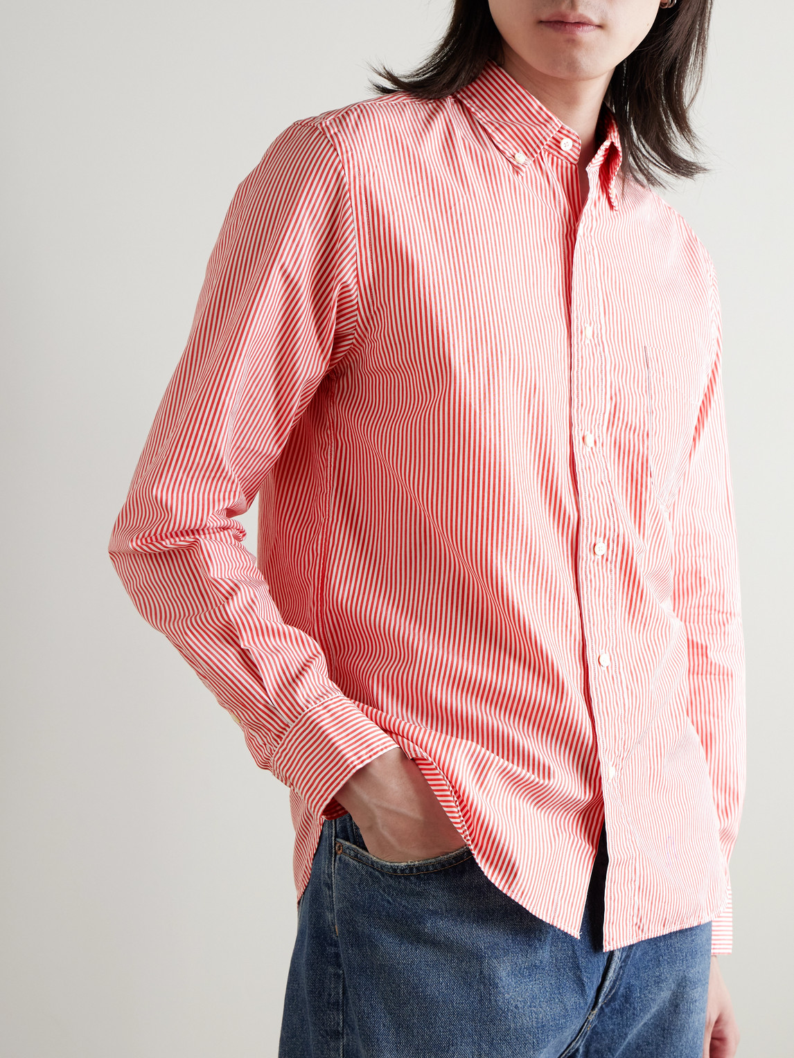 Beams Button-down Collar Striped Cotton Shirt In Pink