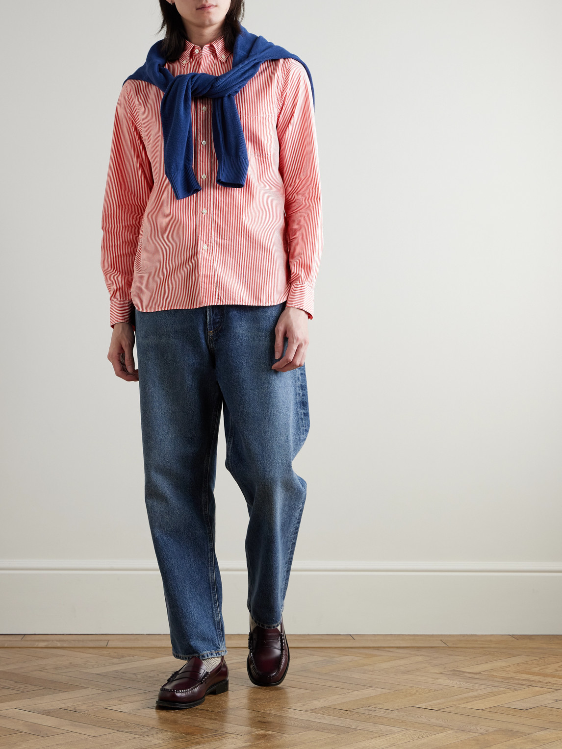Beams Button-down Collar Striped Cotton Shirt In Pink