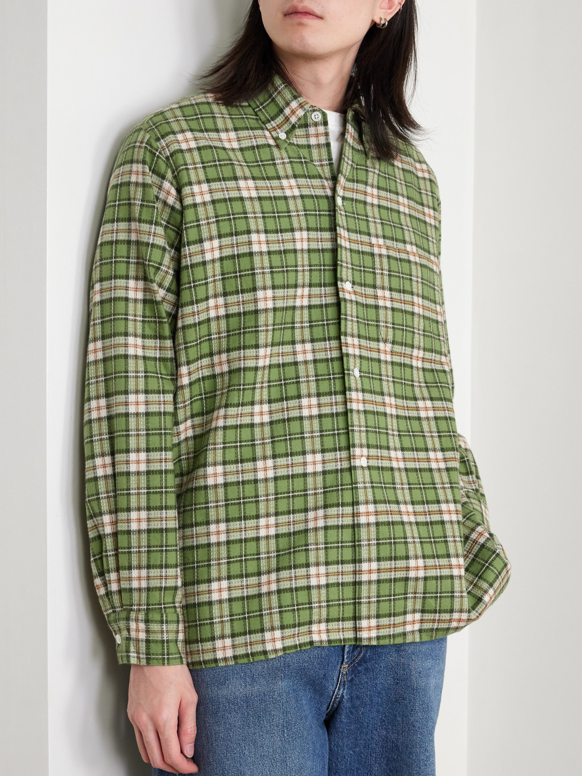 Beams Button-down Collar Checked Cotton-dobby Shirt In Green