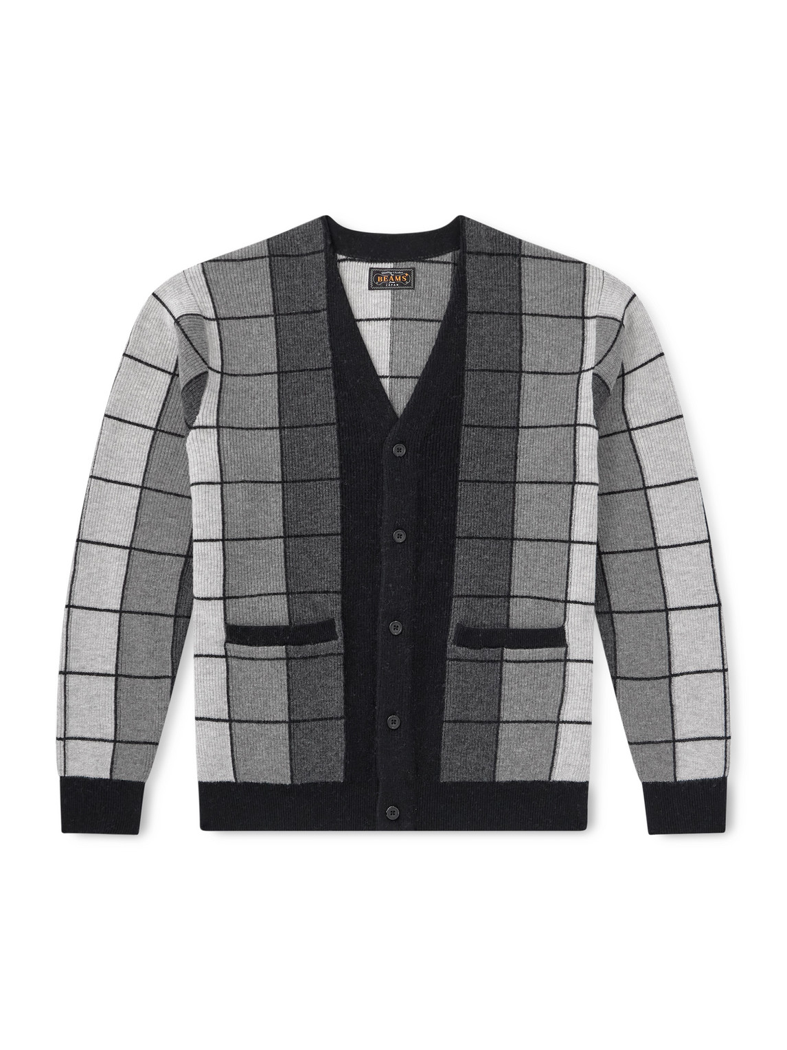 Beams Checked Wool Cardigan In Gray
