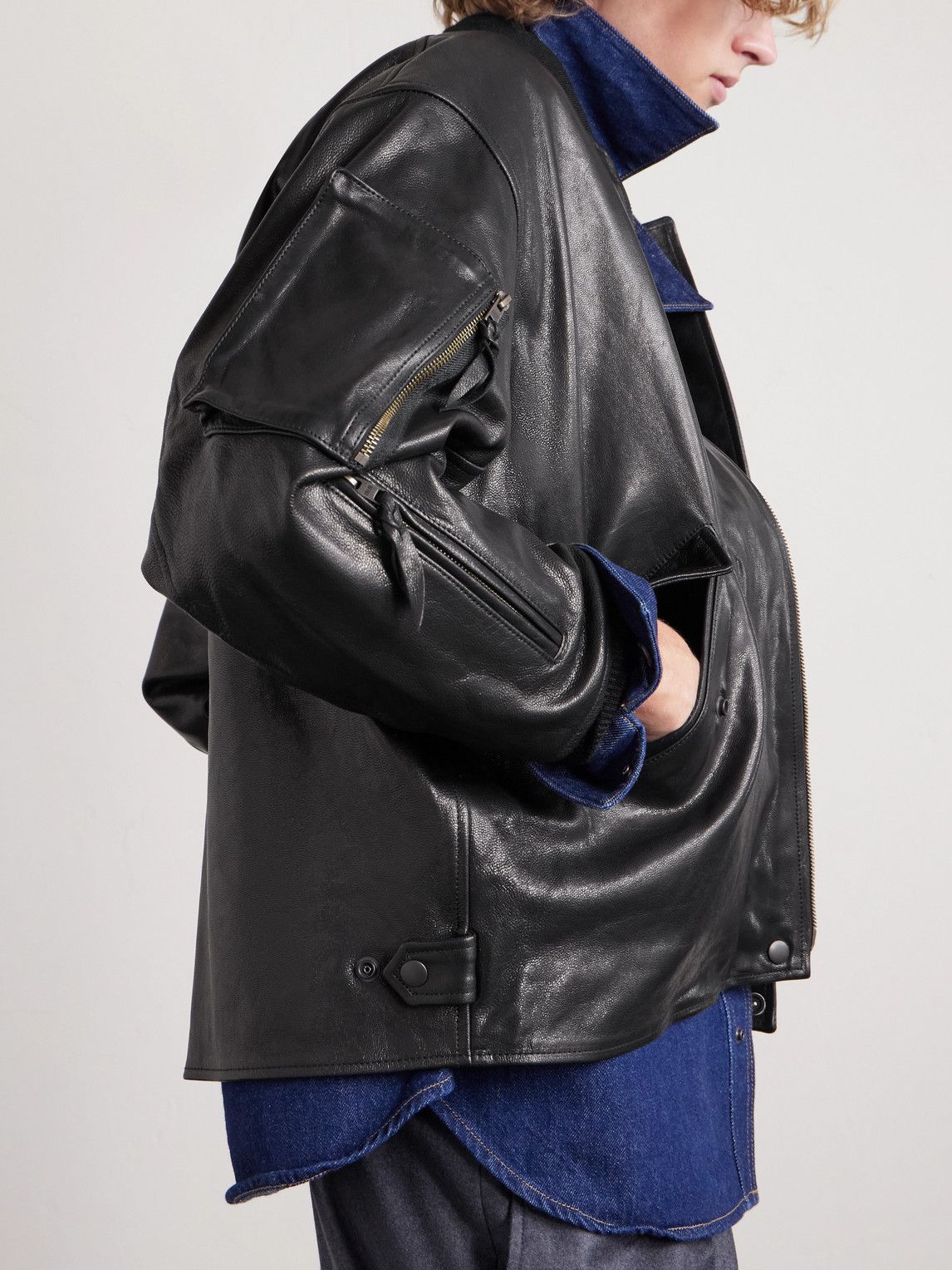  Beams Plus - Leather Bomber Jacket - Men - Black - M 