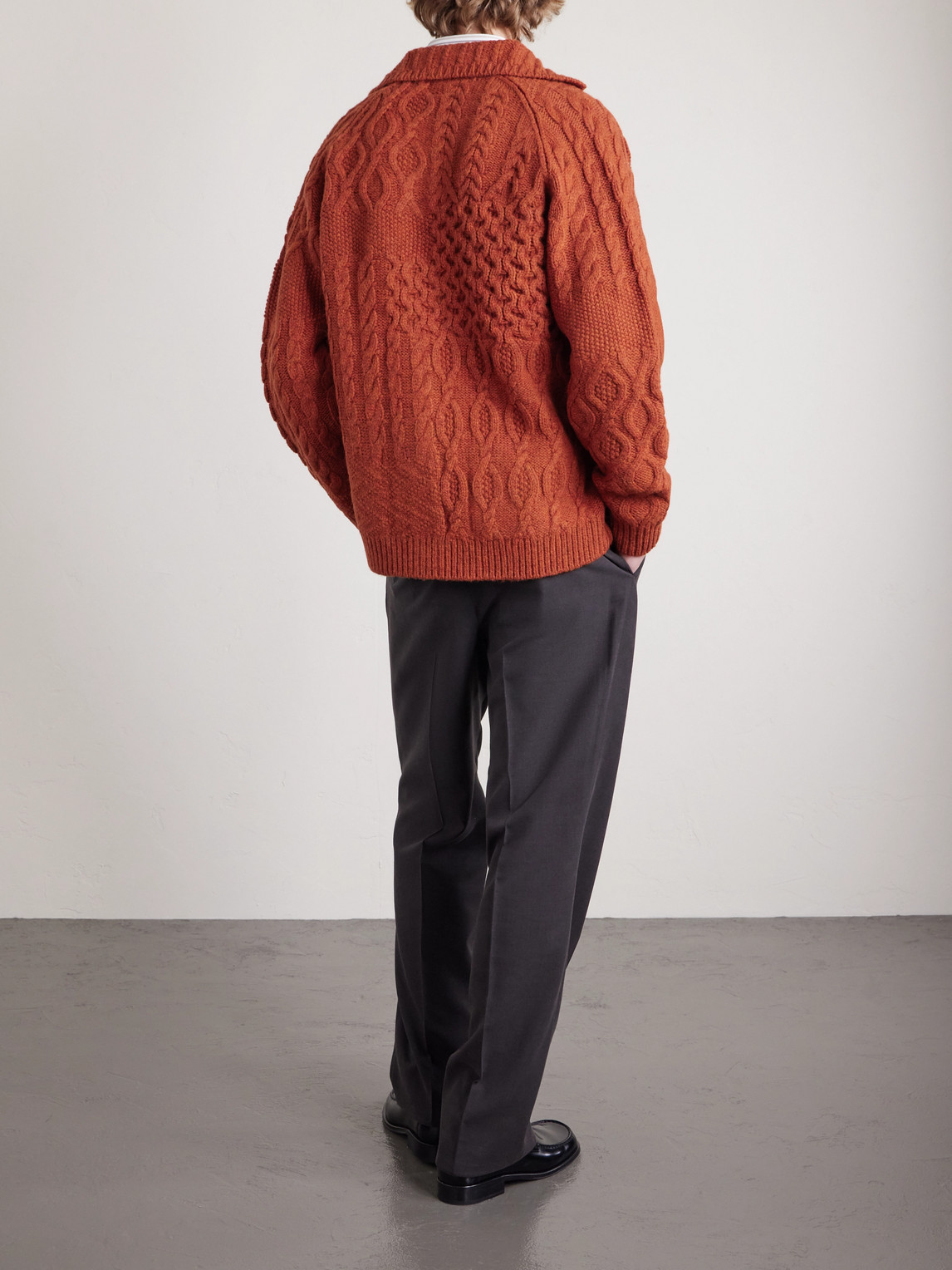 Beams Alan Patchwork Cable-knit Wool Cardigan In Red