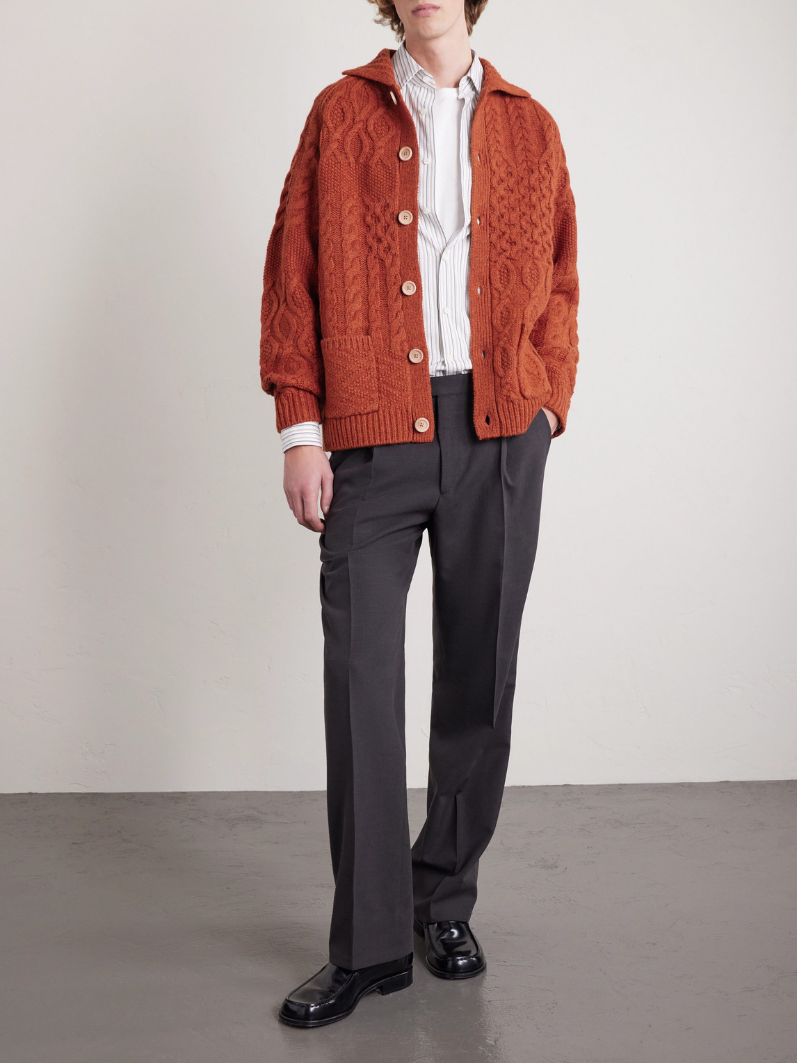 Beams Alan Patchwork Cable-knit Wool Cardigan In Red