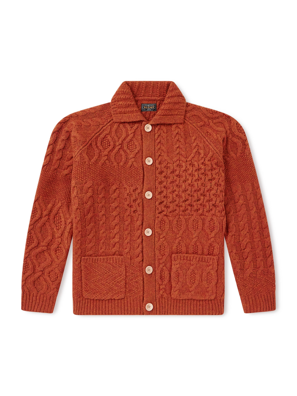 Beams Alan Patchwork Cable-knit Wool Cardigan In Red