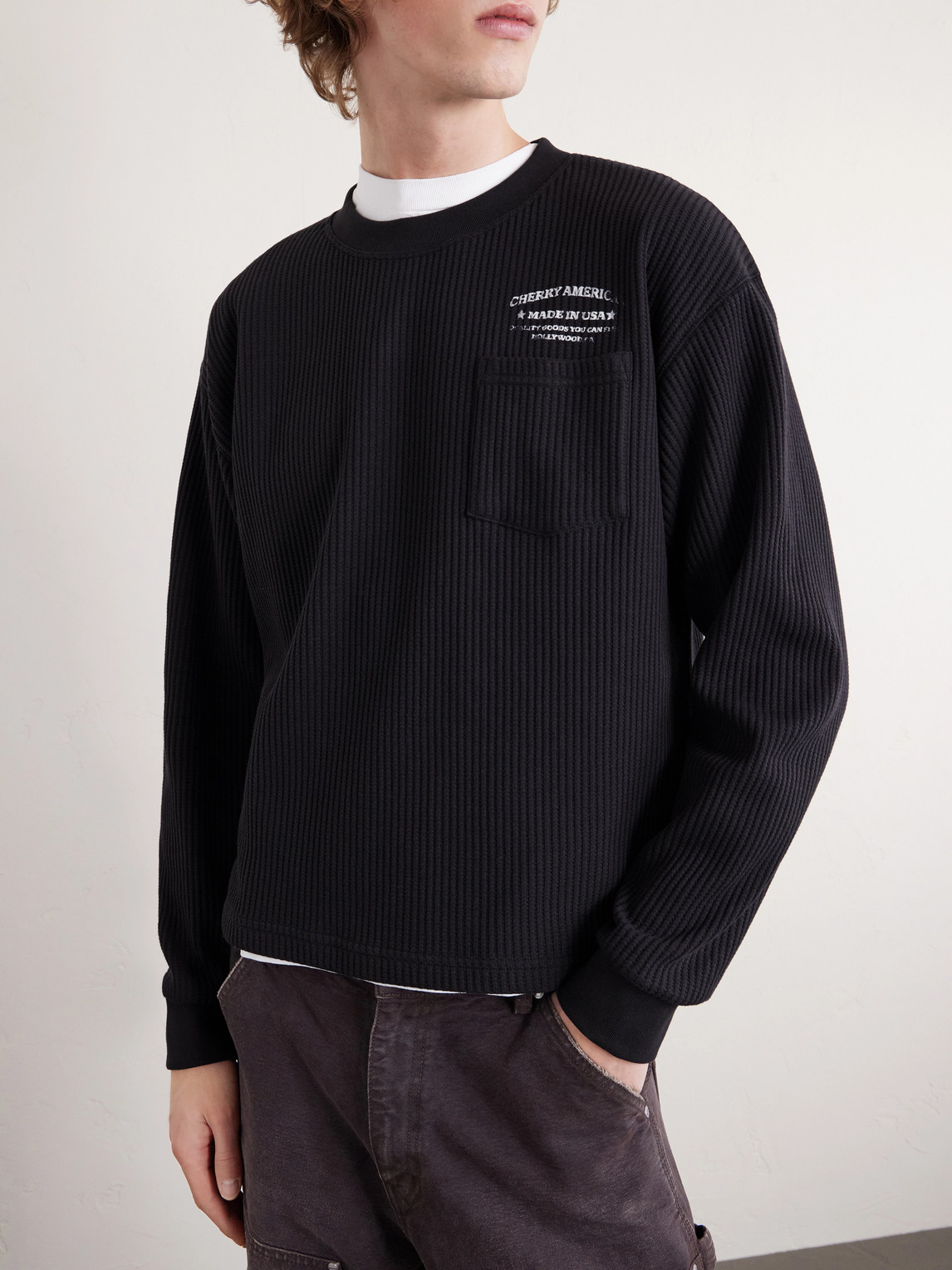  Cherry Los Angeles - Ranch Wear Thermal Logo-print Ribbed Cotton-blend Jersey T-shirt - Men - Black - S 
