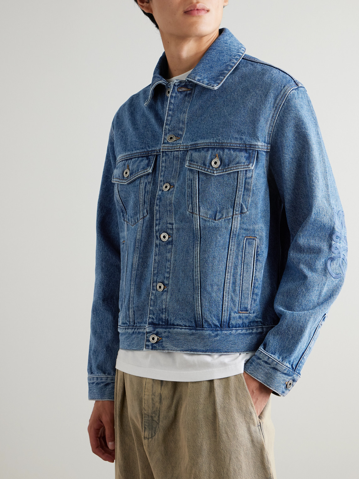  Loewe - Anagram Leather-trimmed Embroidered Denim Trucker Jacket - Men - Blue - It 48 