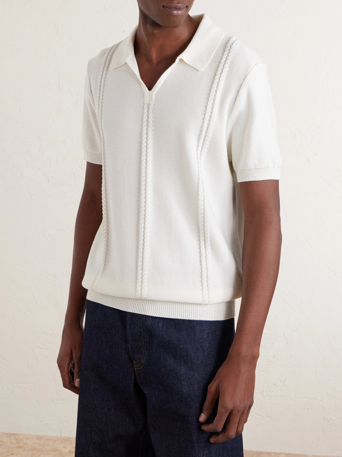  Mr P. - Cable-knit Cotton Polo Shirt - Men - Neutrals - Xs 