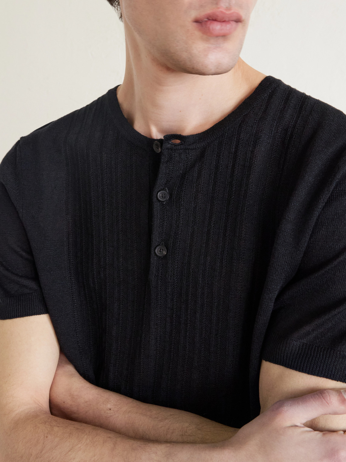 Mr P. - Pointelle-Knit Linen And Cotton-Blend Henley T-Shirt