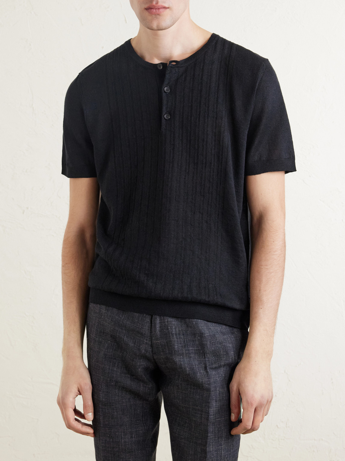 Mr P. - Pointelle-Knit Linen And Cotton-Blend Henley T-Shirt