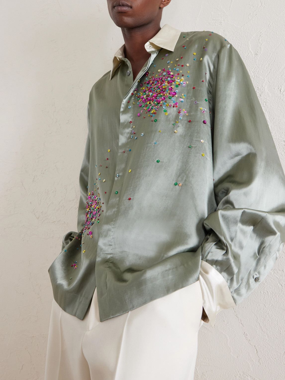  Dries Van Noten - Embellished Satin Shirt - Men - Green - It 48 
