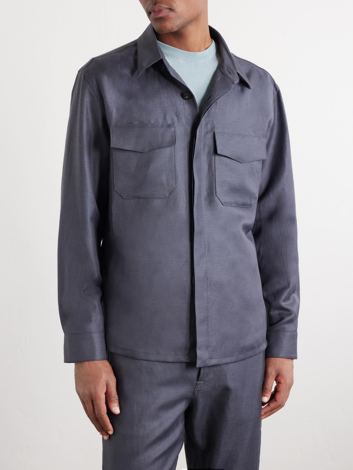  Canali - Wool And Linen-blend Twill Shirt - Men - Gray - It 46 