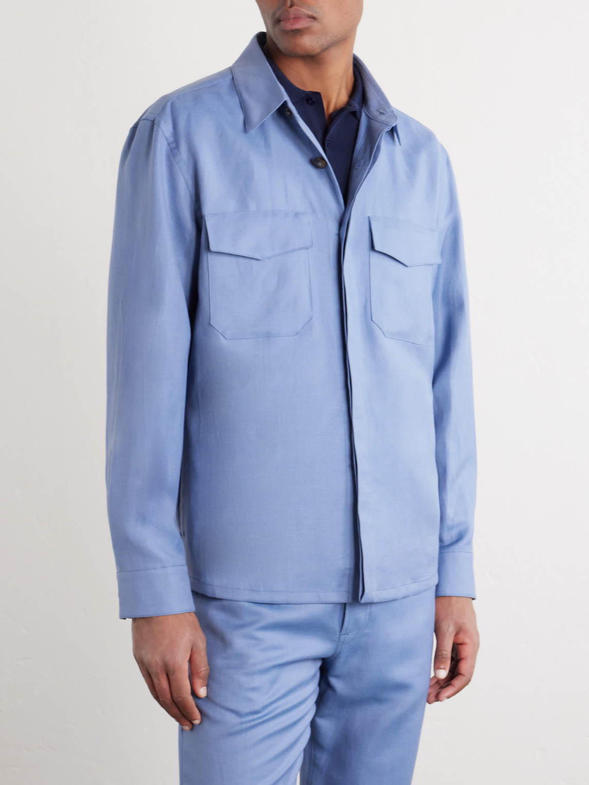  Canali - Wool And Linen-blend Twill Shirt - Men - Blue - It 46 