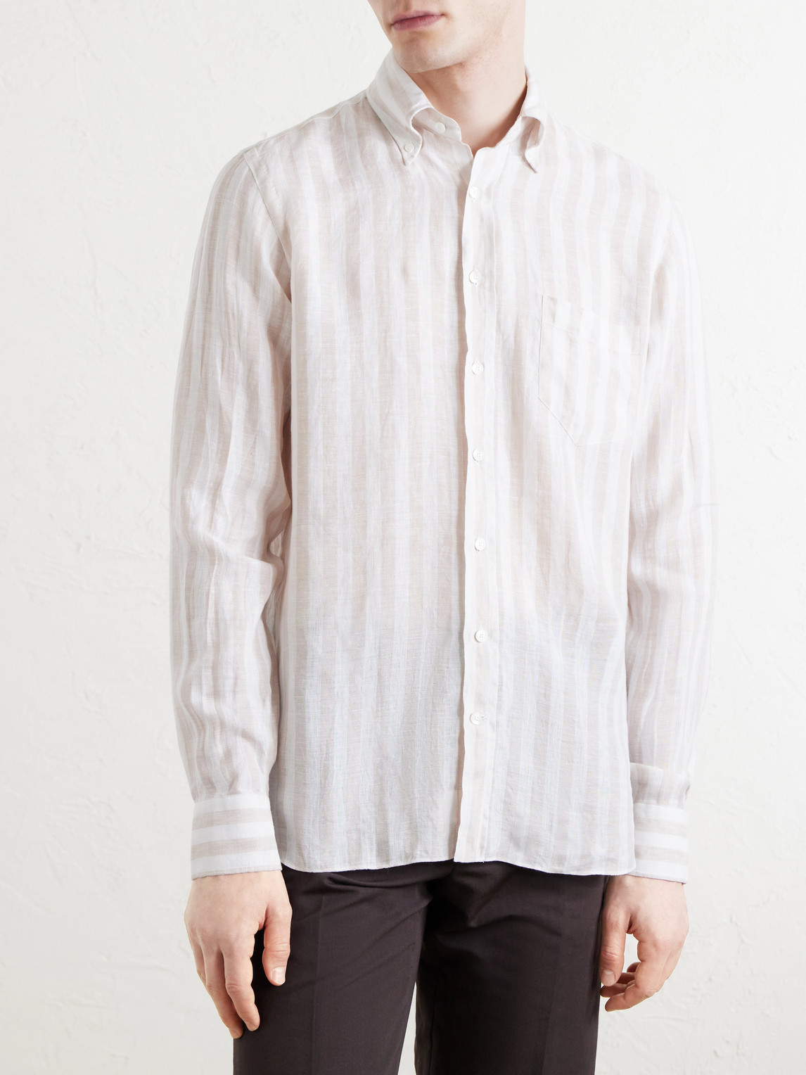  J. Mueser - Button-down Collar Striped Linen Shirt - Men - Brown - Eu 38 
