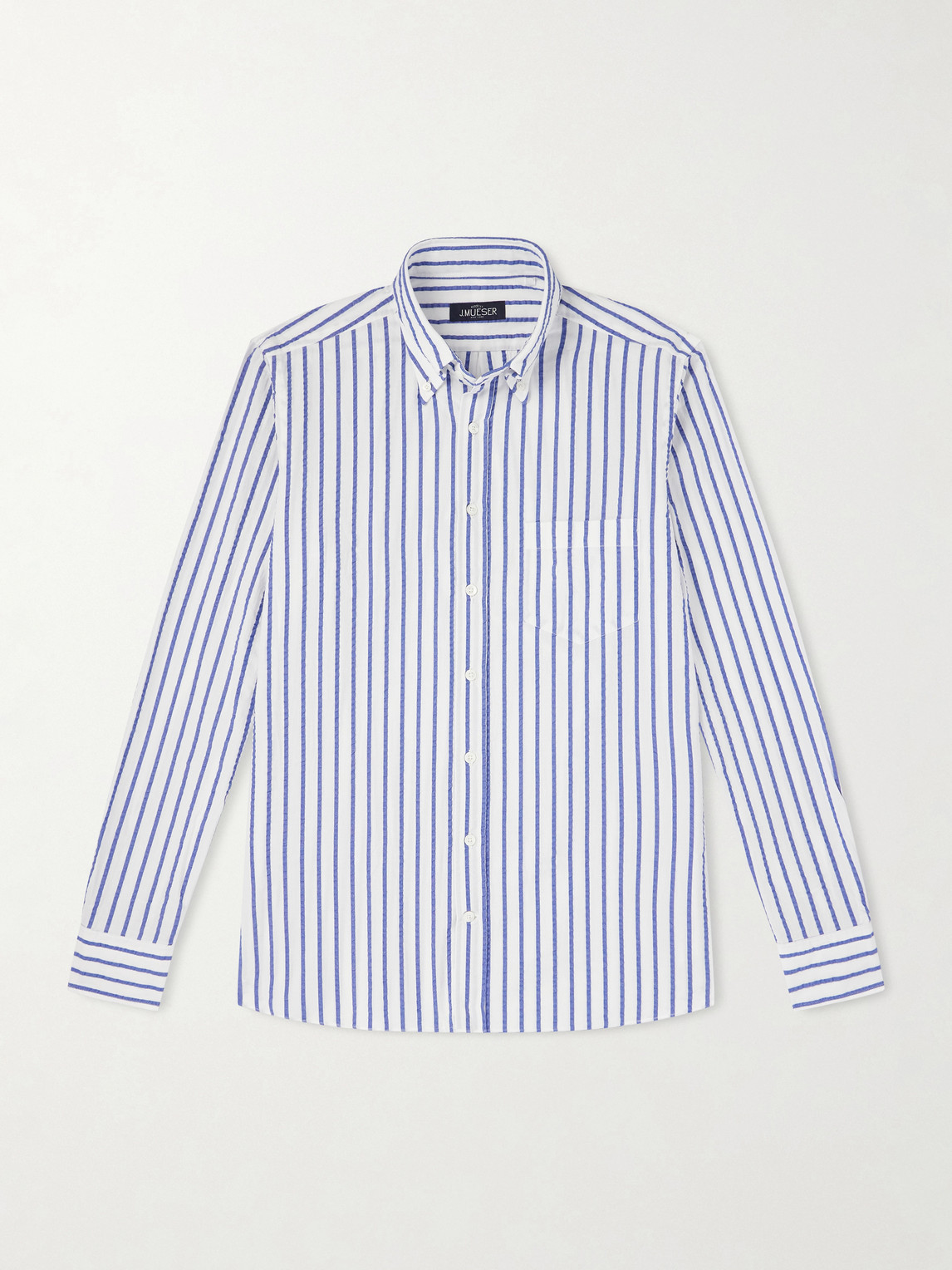J. Mueser Button-down Collar Striped Cotton-seersucker Shirt In Blue