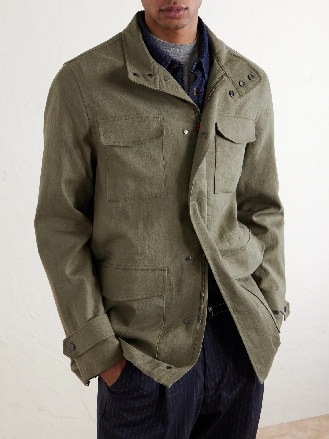 Suede-Trimmed Linen Field Jacket