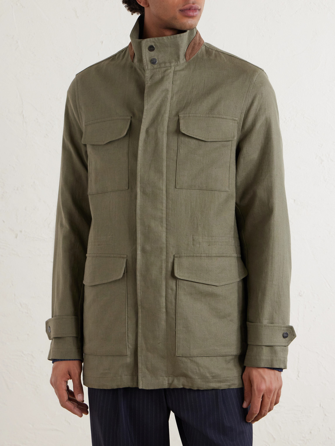 Suede-Trimmed Linen Field Jacket