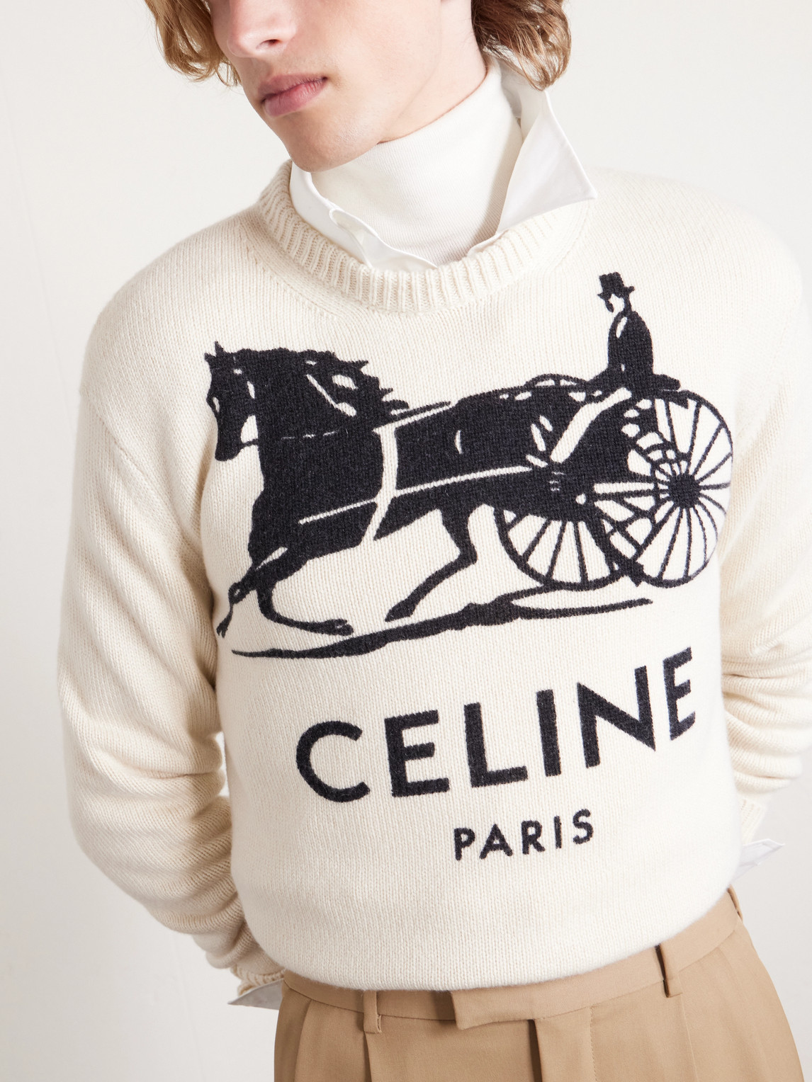 Celine Slim-fit Logo-intarsia Cashmere Sweater In White