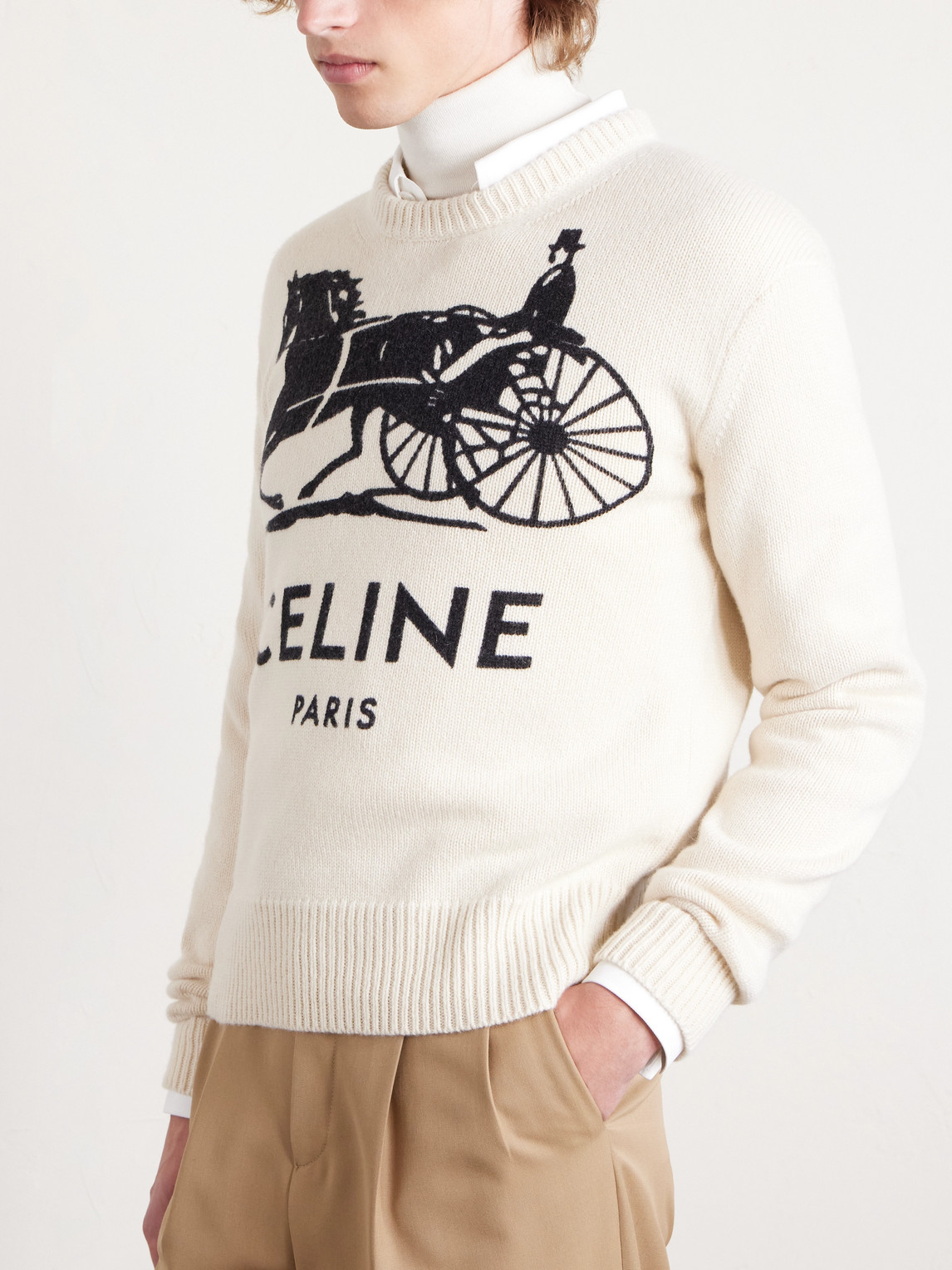 Celine Slim-fit Logo-intarsia Cashmere Sweater In White