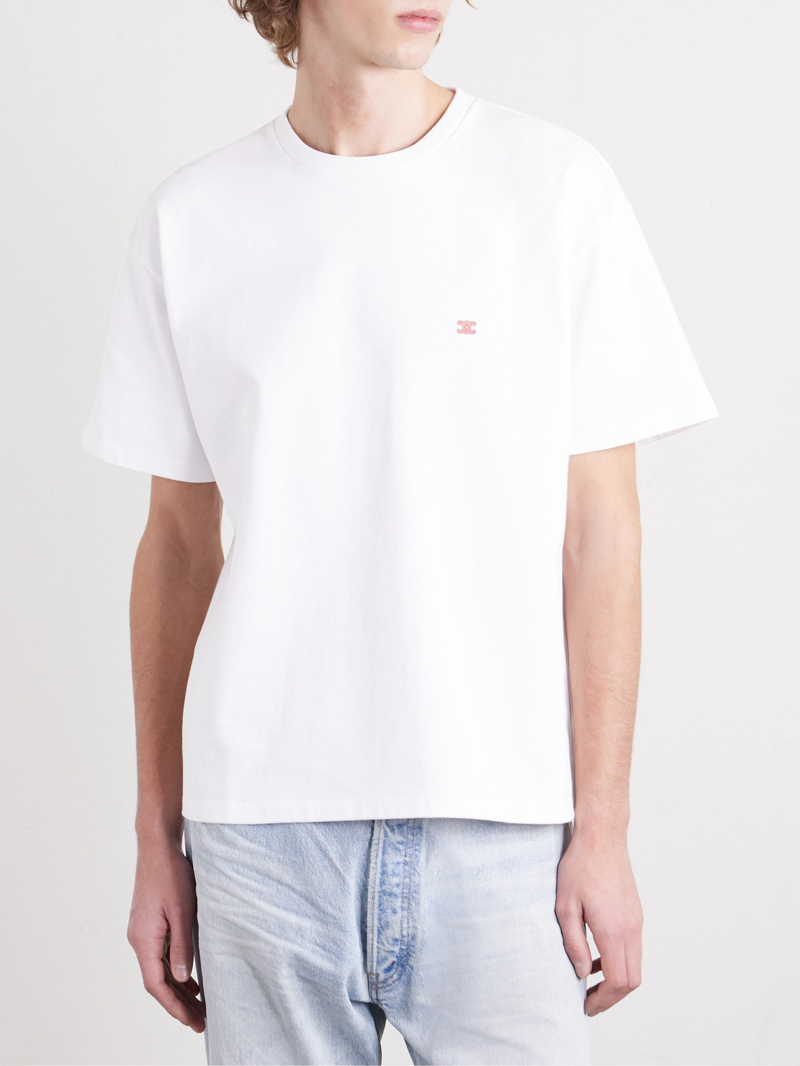 Celine Logo-embroidered Cotton-jersey T-shirt In White