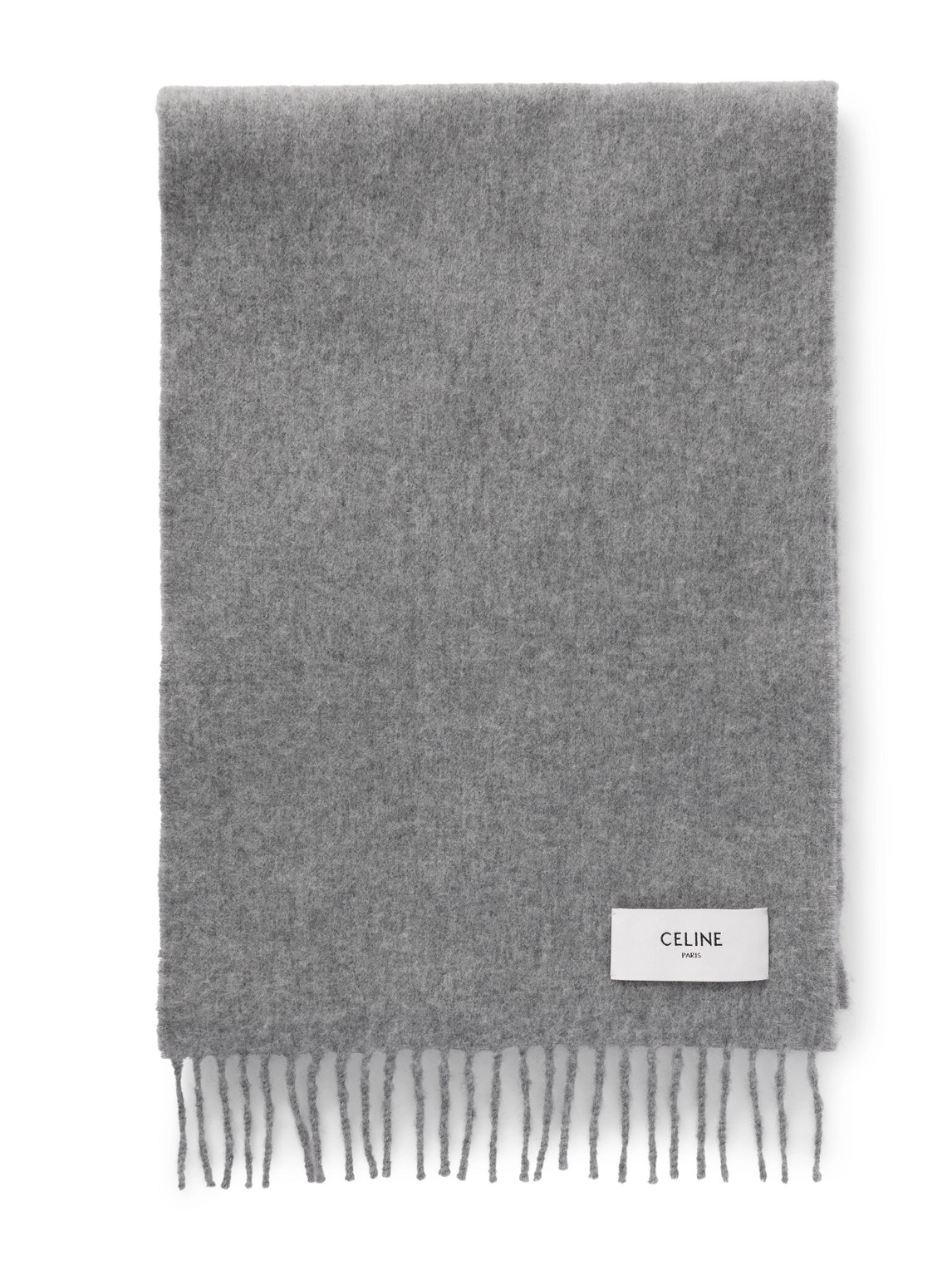 Celine Logo-appliquéd Fringed Cashmere Scarf In Gray