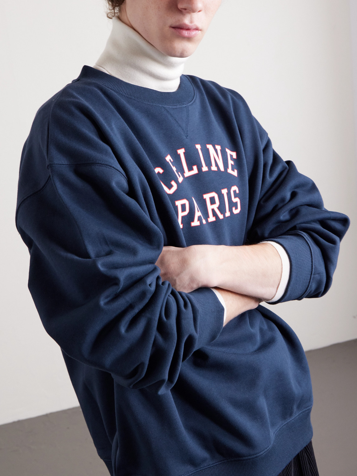 Celine Men Cotton Sweater With Front Lettering Logo In Blue