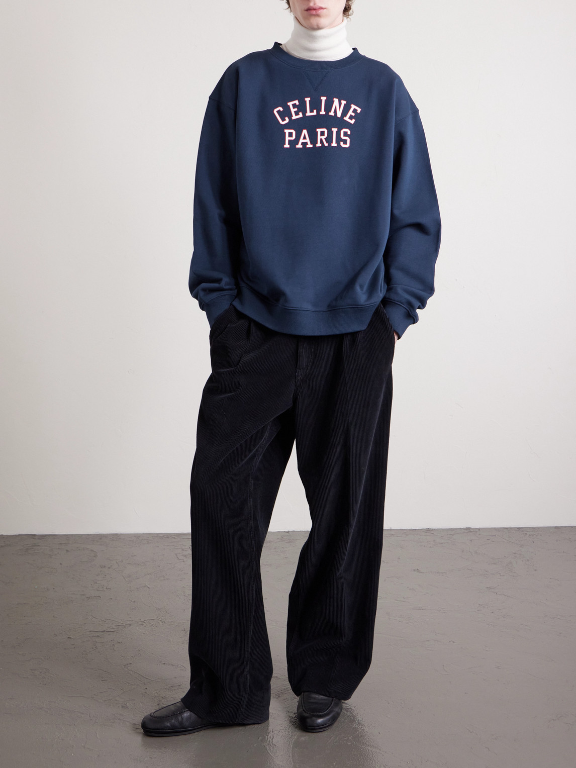 Celine Men Cotton Sweater With Front Lettering Logo In Blue