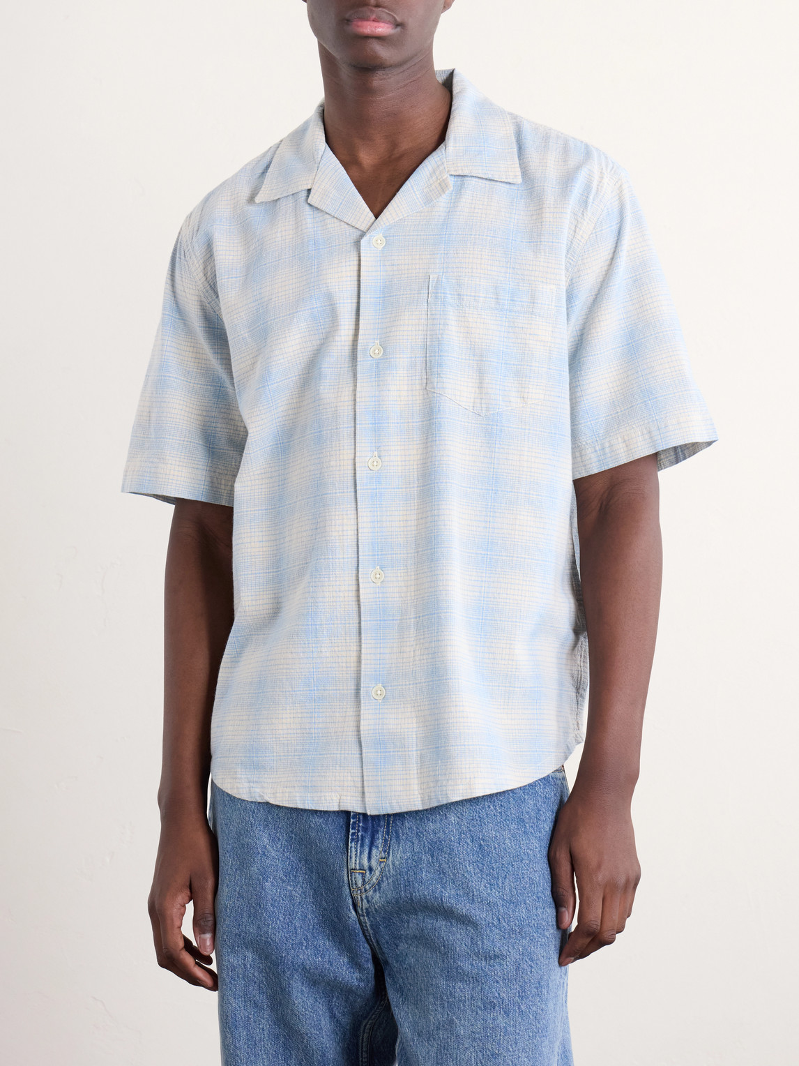 Camp-Collar Checked Cotton And Linen-Blend Shirt