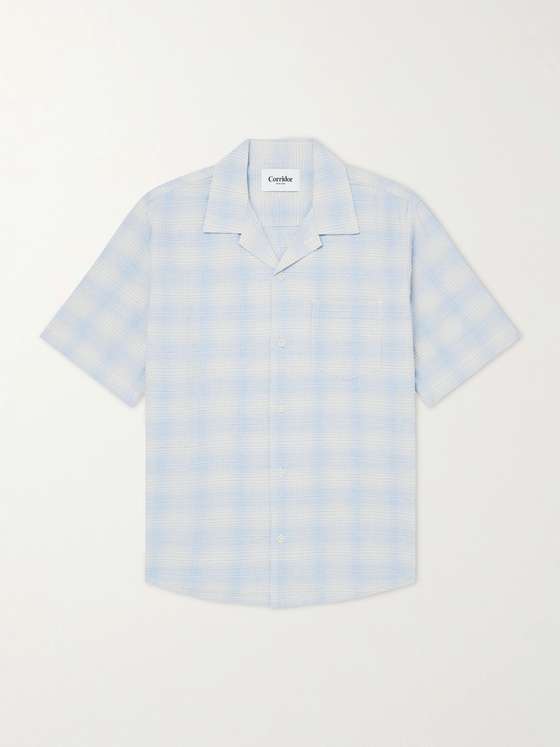 Corridor Camp-Collar Checked Cotton and Linen-Blend Shirt