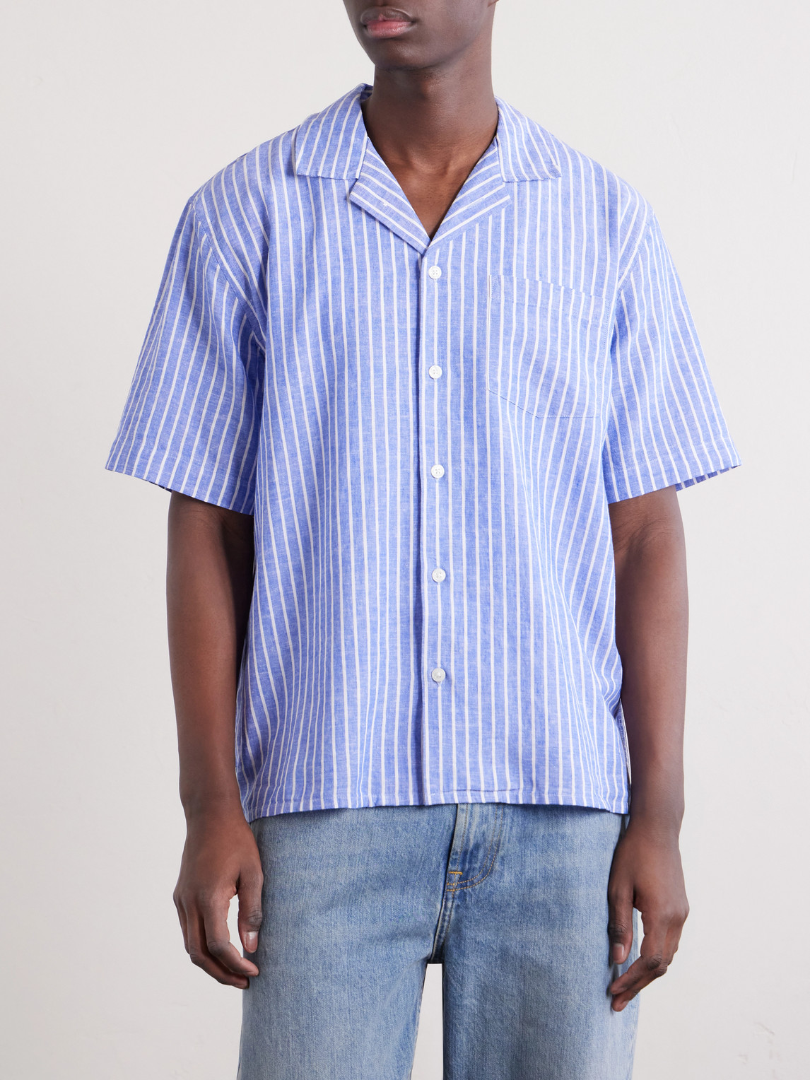 Camp-Collar Striped Linen