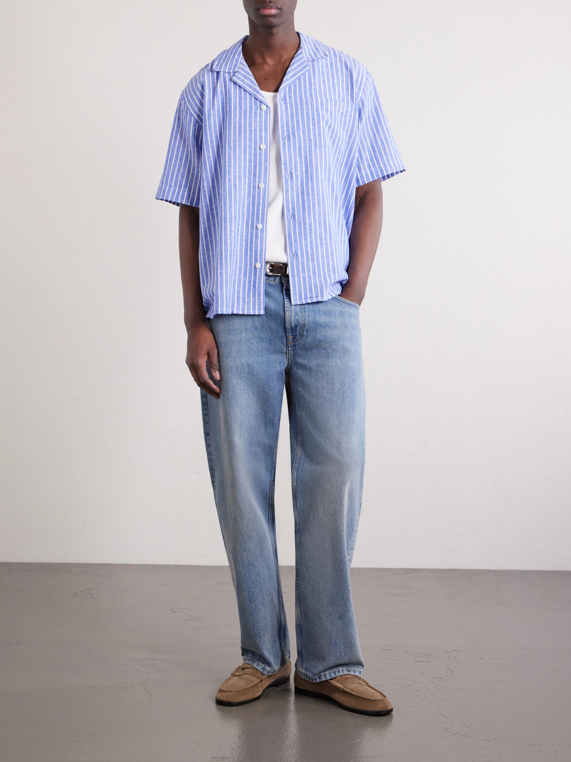 Camp-Collar Striped Linen