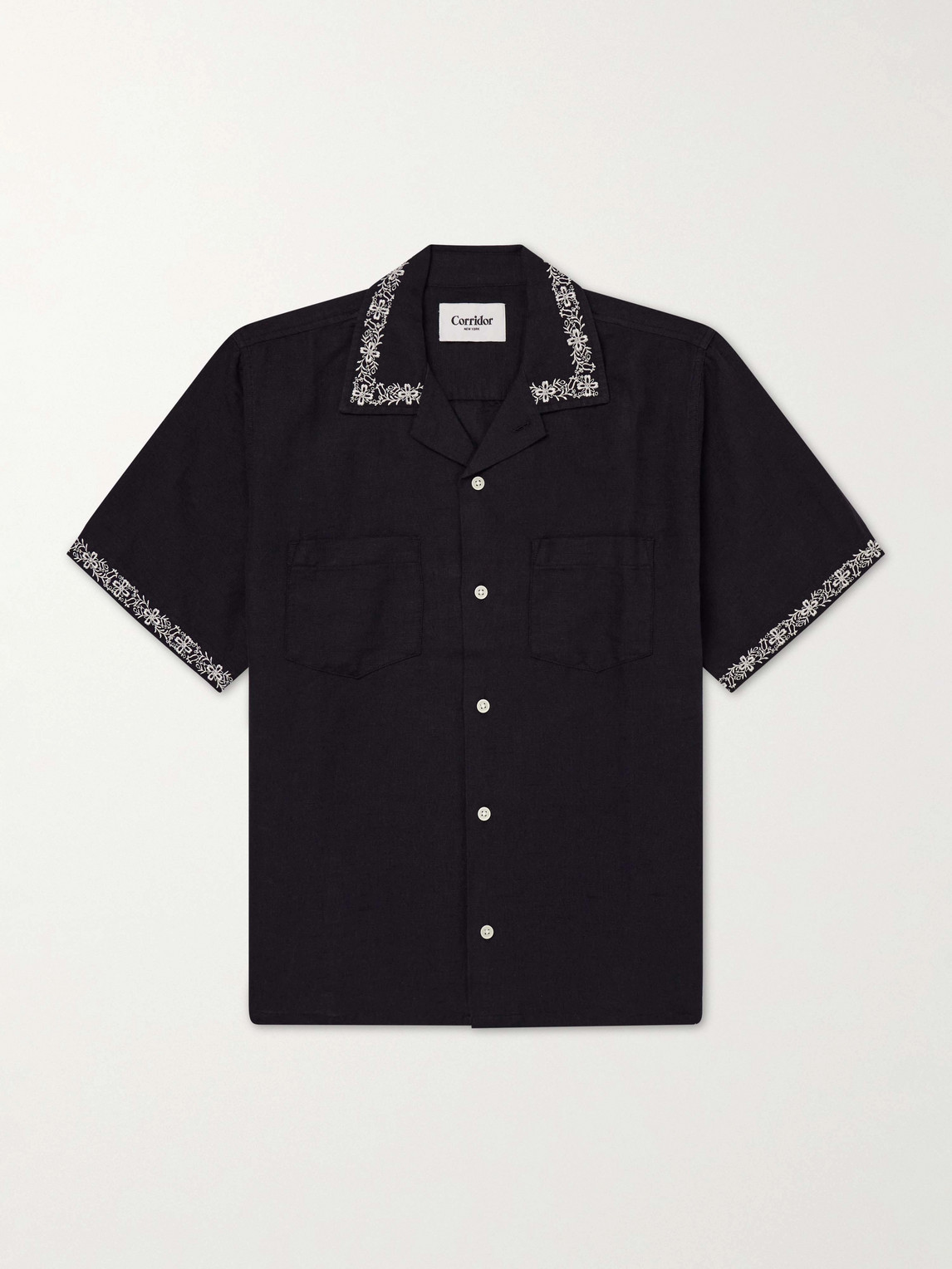 Corridor Harmony Camp-collar Embroidered Linen And Cotton-blend Shirt In Black