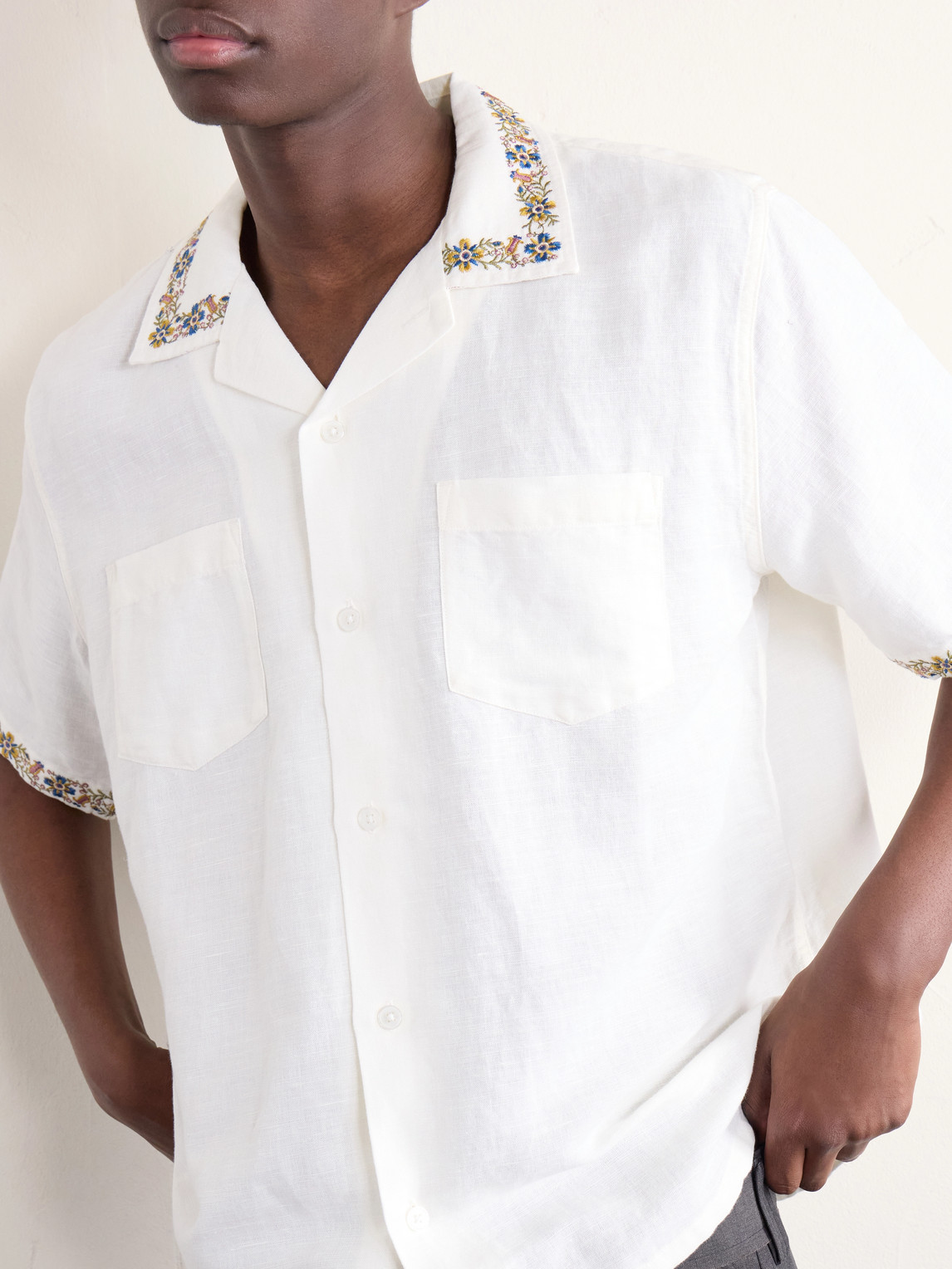 Harmony Camp-Collar Embroidered Linen And Cotton-Blend Shirt