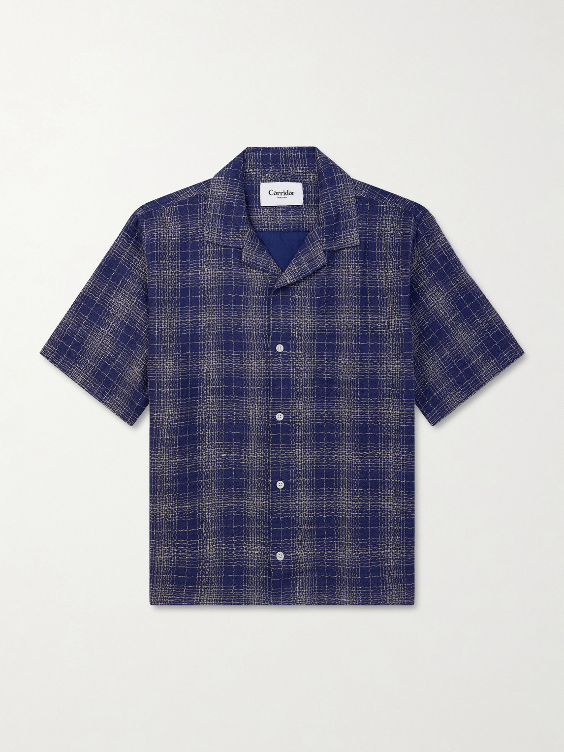 Corridor Camp-collar Checked Cotton And Linen-blend Gauze Shirt In Blue