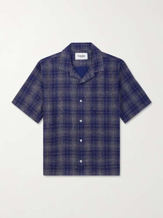 Corridor Camp-Collar Checked Cotton and Linen-Blend Gauze Shirt