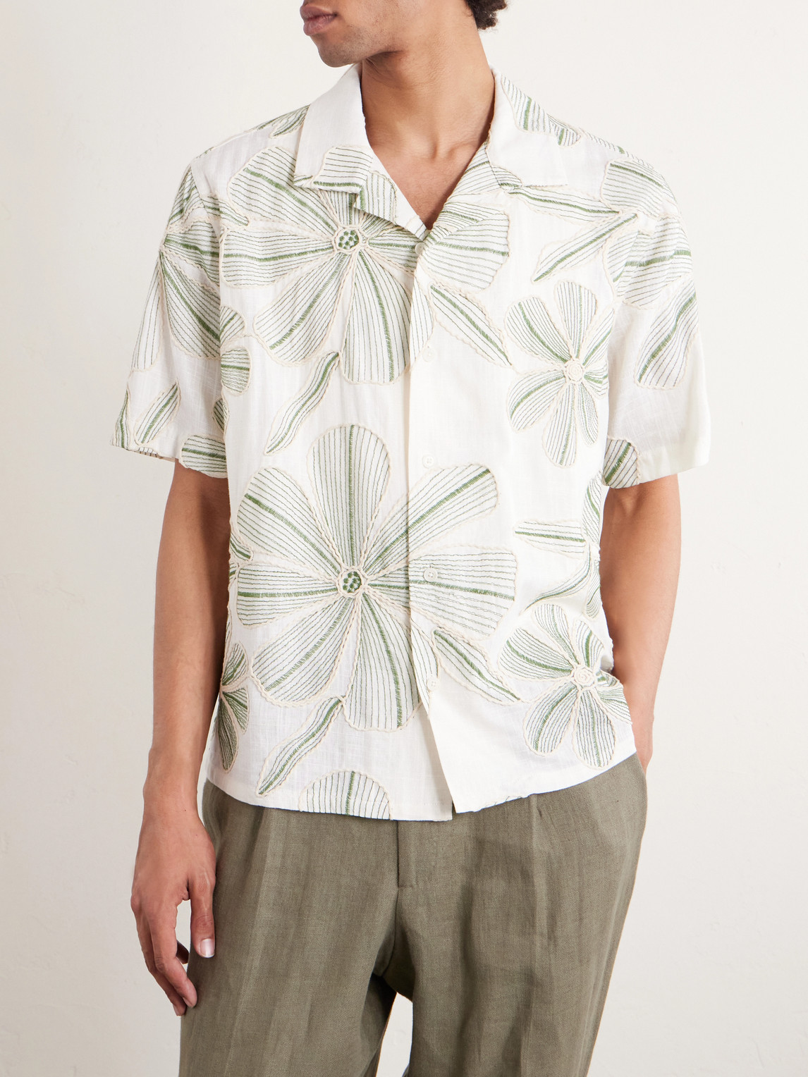 Camp-Collar Floral-Appliquéd Poplin Shirt