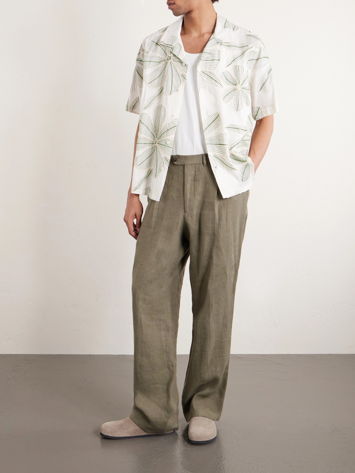 Camp-Collar Floral-Appliquéd Poplin Shirt