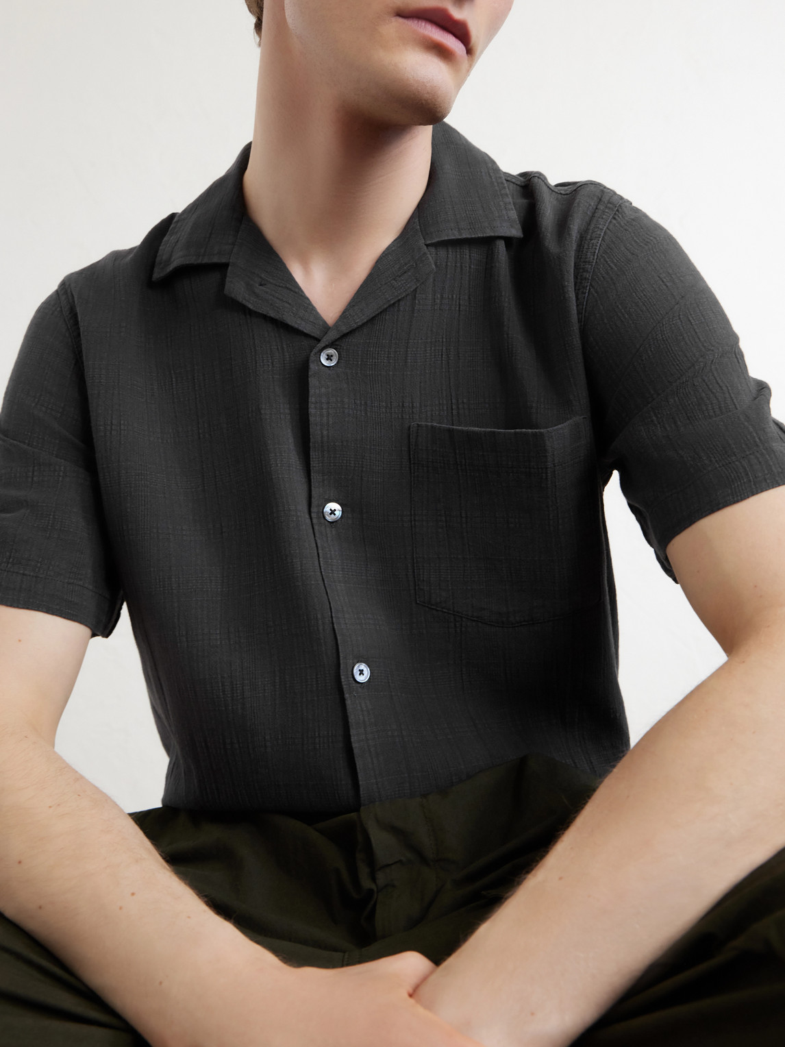 Convertible-Collar Checked Cotton Shirt