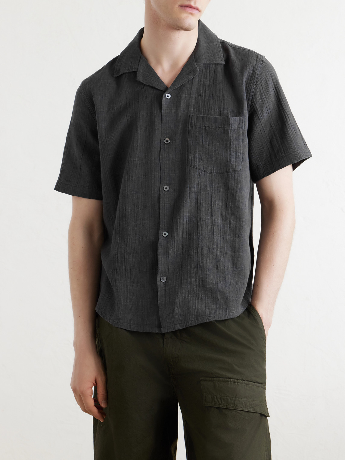 Convertible-Collar Checked Cotton Shirt