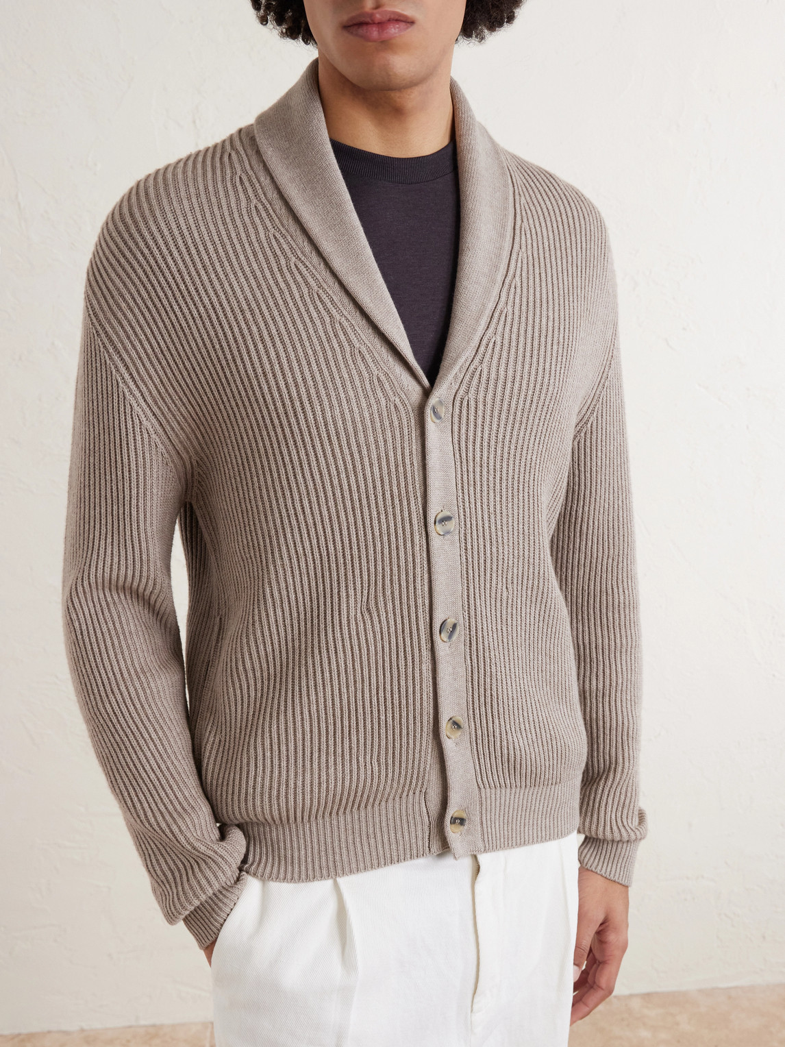 Shawl-Collar Ribbed Cotton And Cashmere-Blend Cardigan
