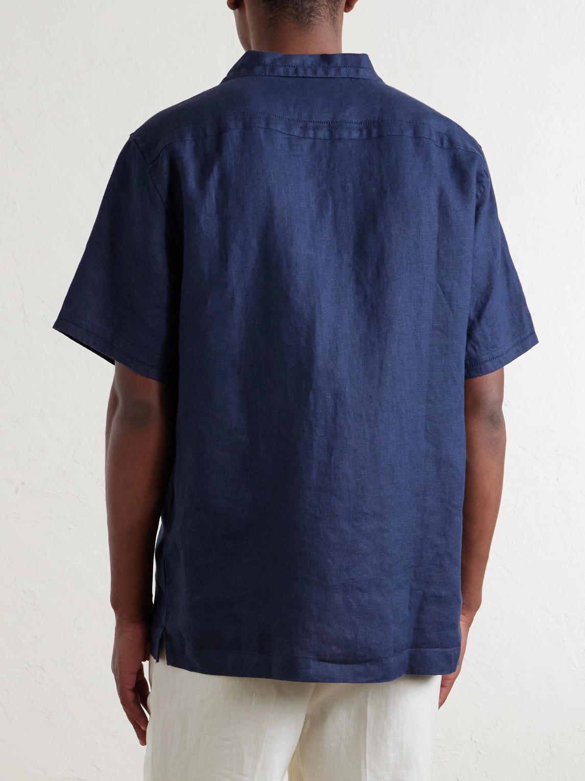 Mr P. - Camp-Collar Embroidered Pintucked Linen Shirt