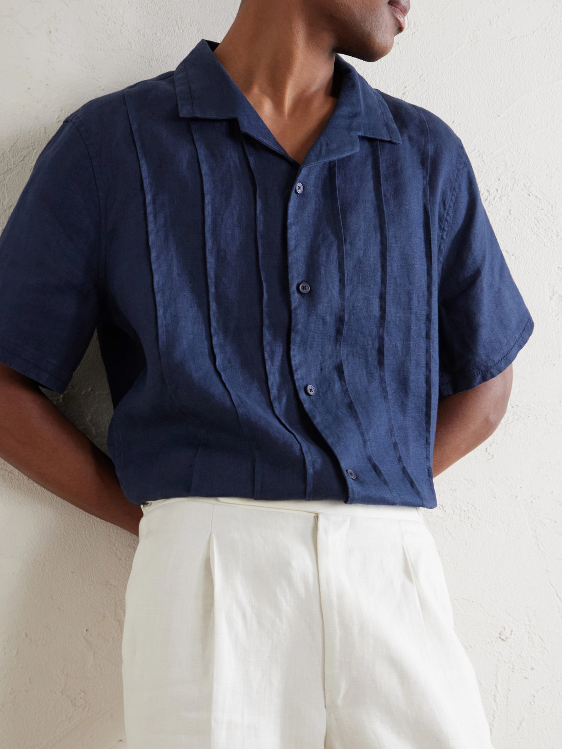 Mr P. - Camp-Collar Embroidered Pintucked Linen Shirt