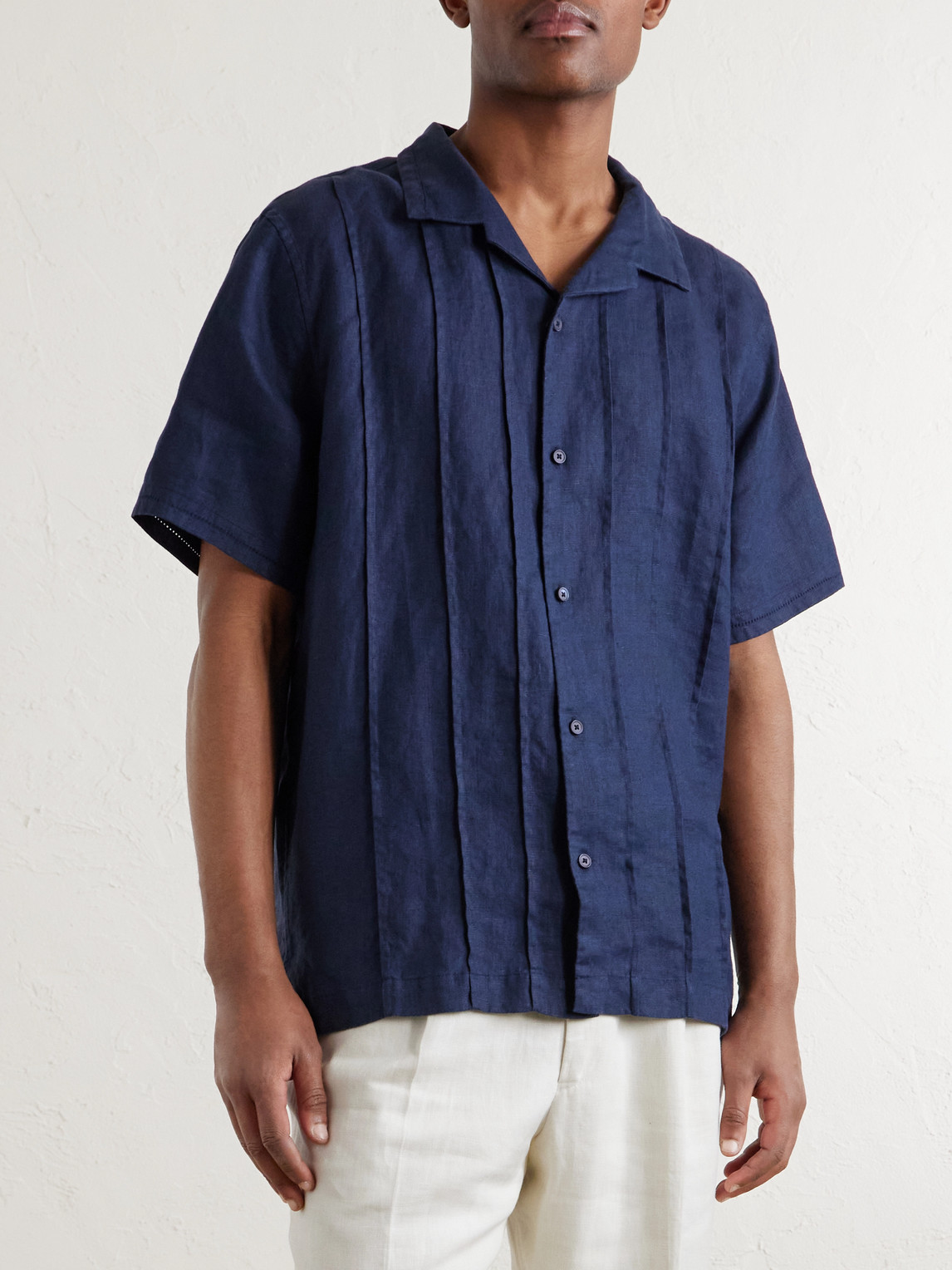 Mr P. - Camp-Collar Embroidered Pintucked Linen Shirt