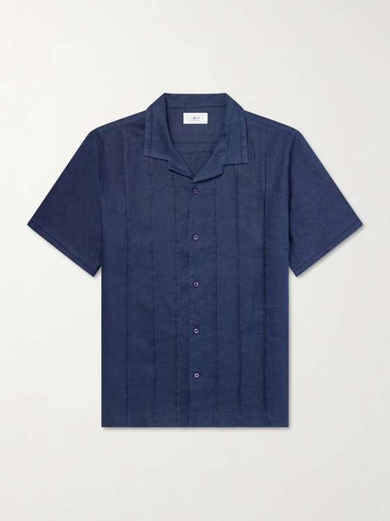MRP Camp-Collar Embroidered Pintucked Linen Shirt