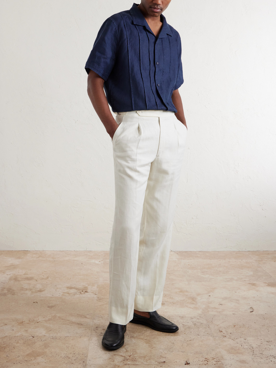 Mr P. - Camp-Collar Embroidered Pintucked Linen Shirt