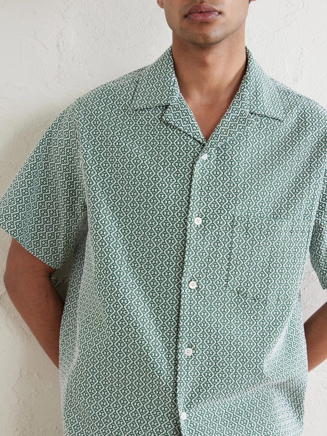 Portuguese Tile Camp-Collar Embroidered Cotton-Blend Shirt
