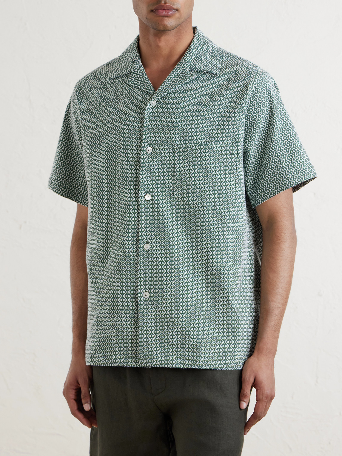 Portuguese Tile Camp-Collar Embroidered Cotton-Blend Shirt