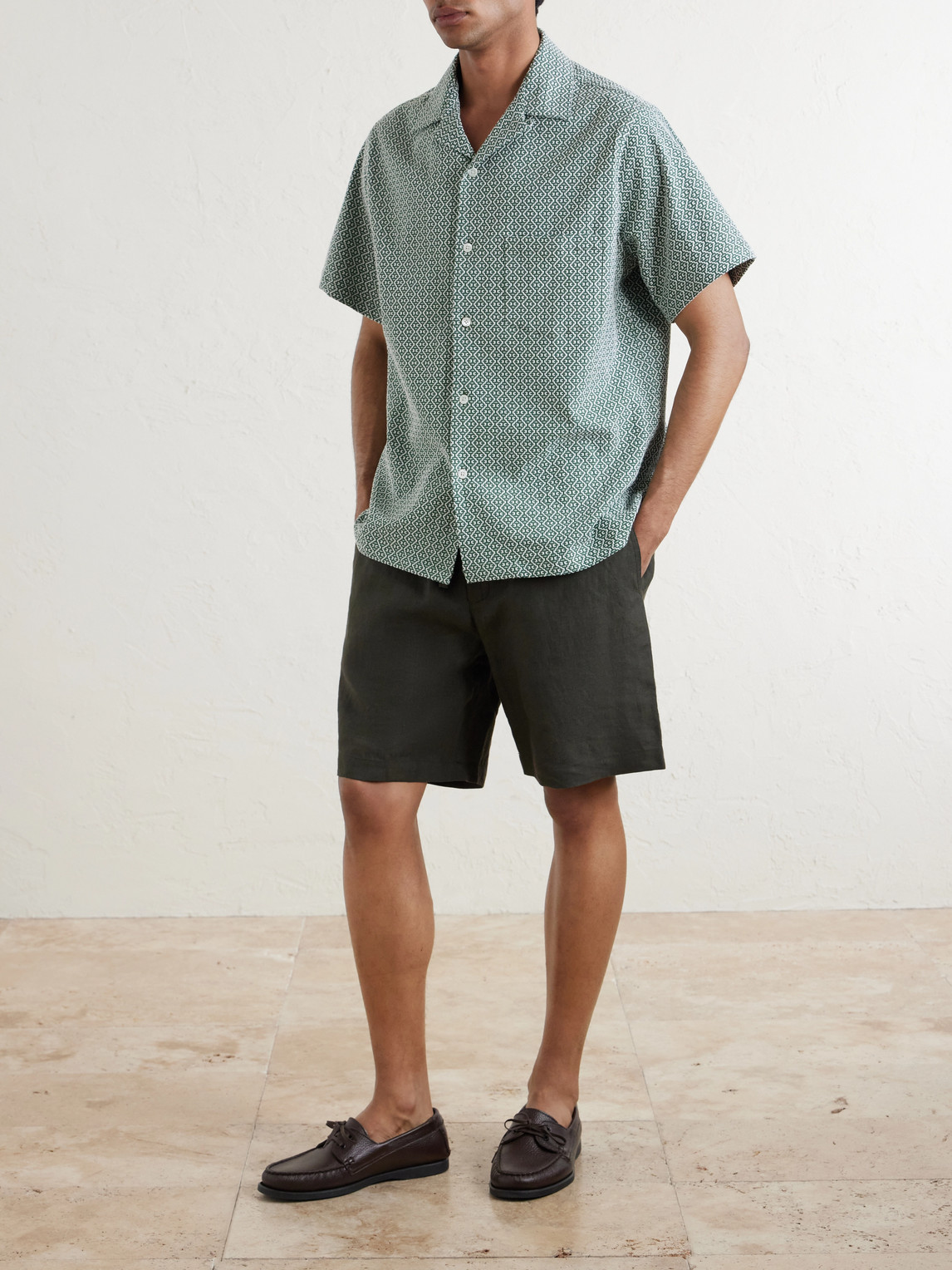 Portuguese Tile Camp-Collar Embroidered Cotton-Blend Shirt
