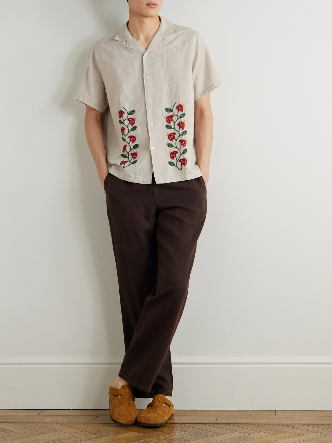 Branch Convertible-Collar Embroidered Linen And Cotton-Blend Shirt
