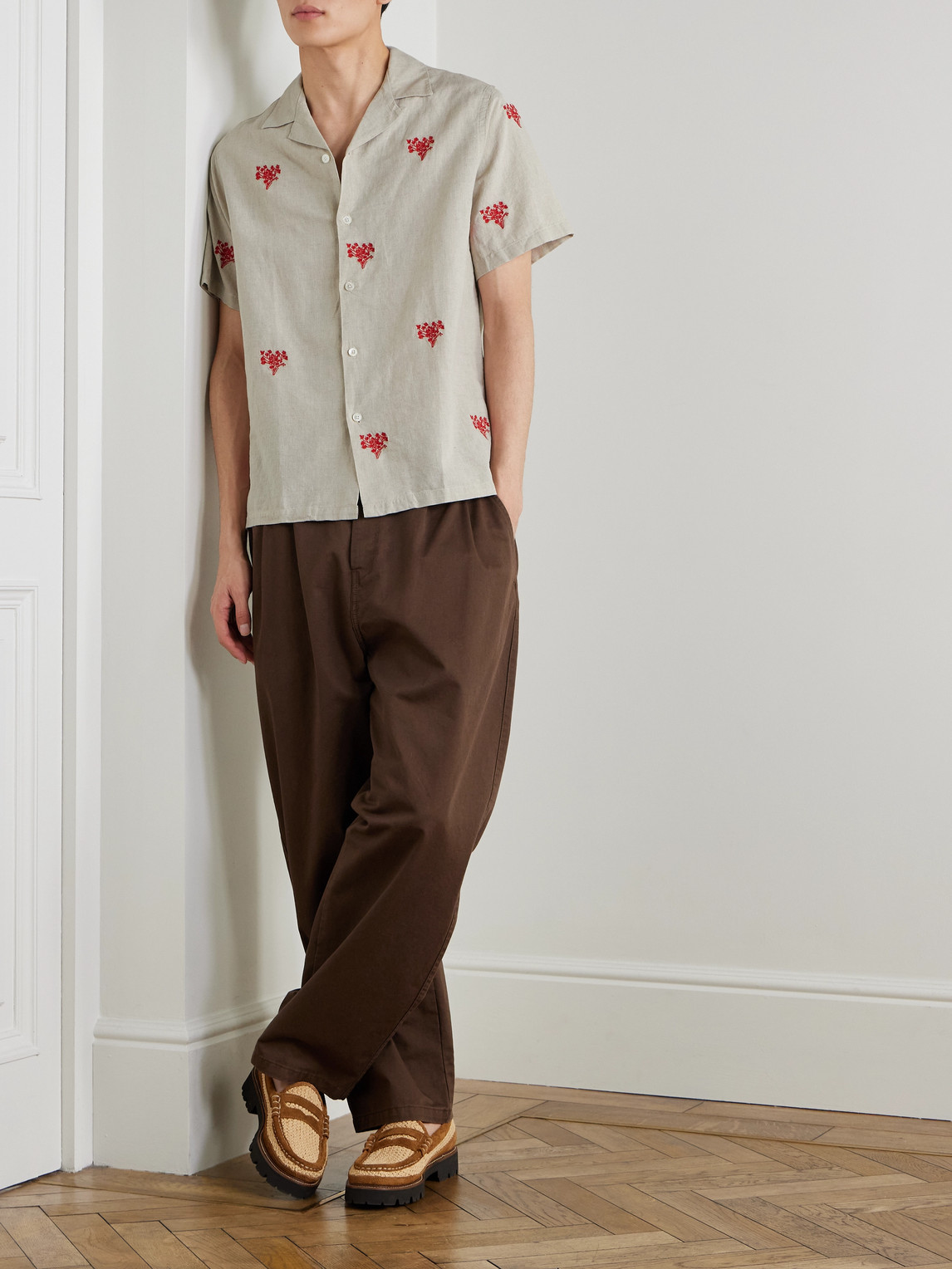 Convertible-Collar Embroidered Linen And Cotton-Blend Shirt