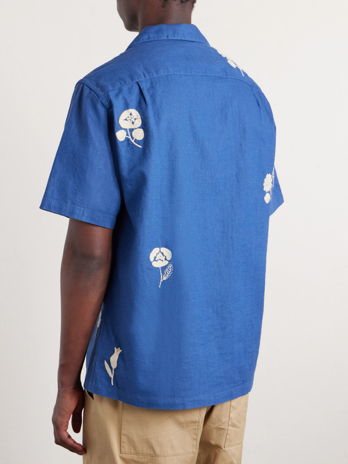 Convertible-Collar Embroidered Ramie Shirt